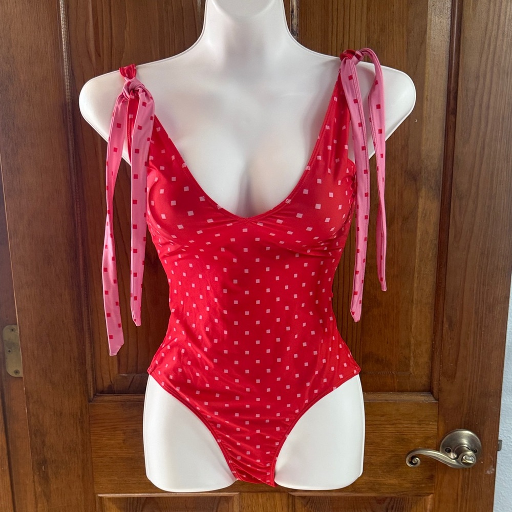 summersalt Red One-Piece Swimsuit with Pink Tie Straps